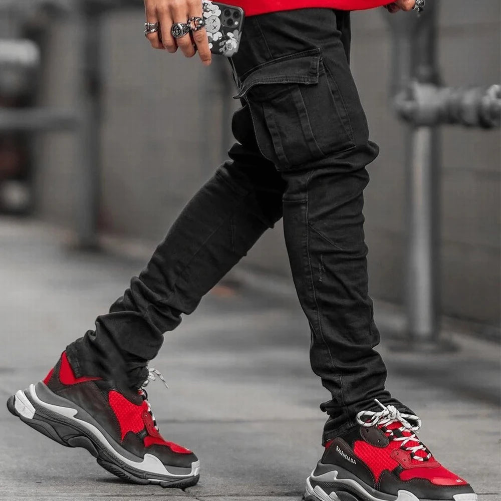 Street Elastic Jeans Men Denim Cargo Pants Wash Solid Color Multi Pockets Casual Mid Waist Trousers Slim Fit Daily Wear Joggers - Tasawoq