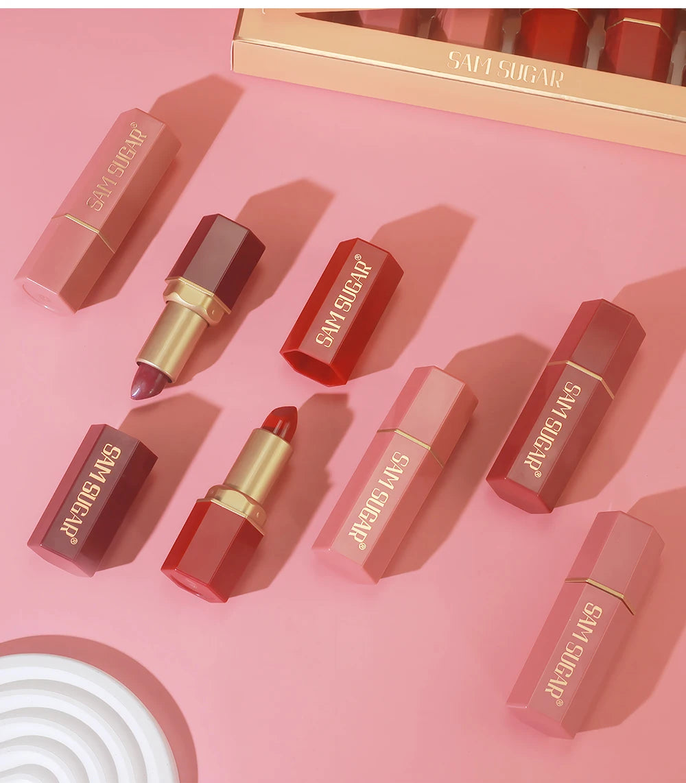 6 Colors Gold Bar Tube Lipstick Matte Texture Pearlescent Glitter Velvet Lipstick Valentine's Day Gift 6PCS - Tasawoq