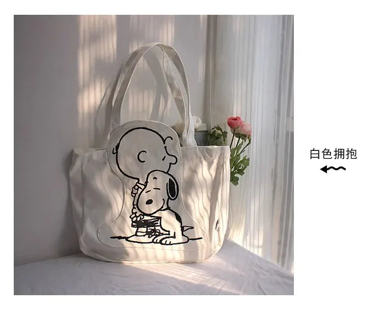 New Cartoon Fashion Snoopy Canvas Shoulder Bag Casual Cute Large Capacity Female Student Tuition Crossbody Bag - Tasawoq