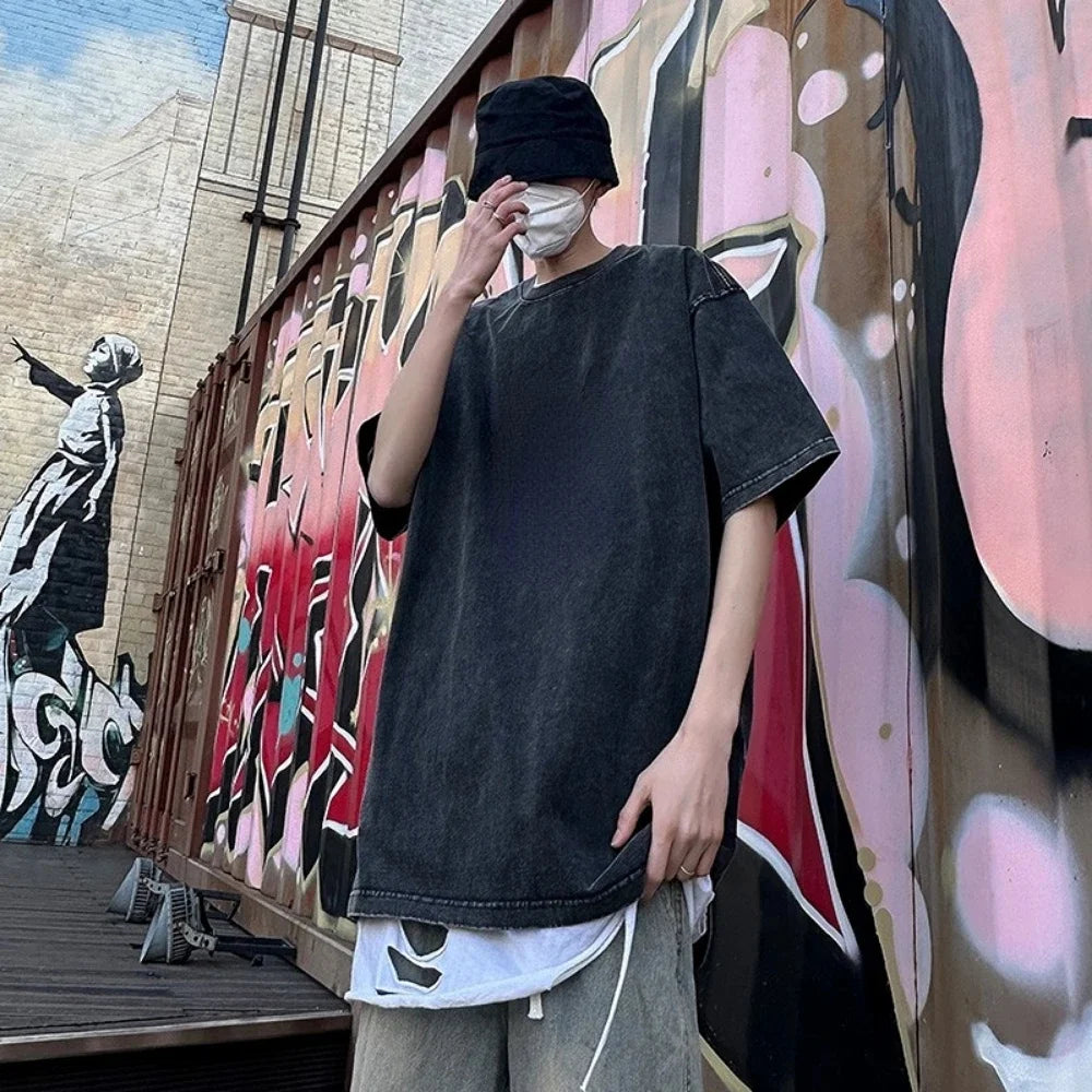 230G Cotton Retro T-shirt Drop-shoulder Sleeve Men Women Vintage Short-sleeve T Shirts Solid Color Hip Hop Loose Tees - Tasawoq
