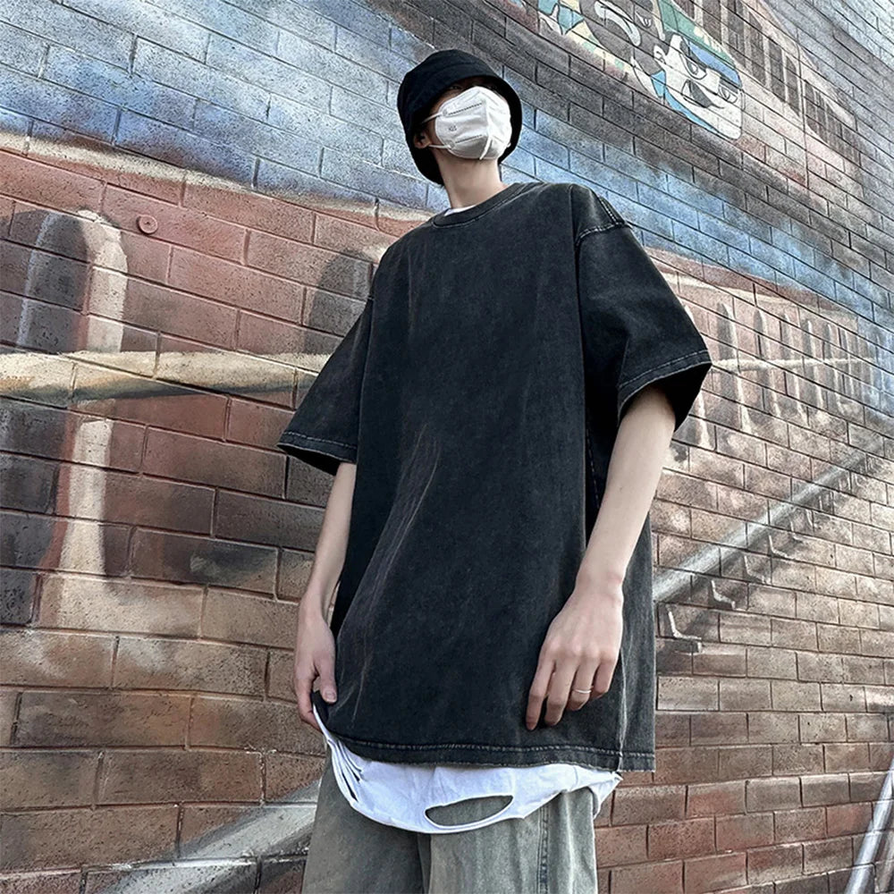 230G Cotton Retro T-shirt Drop-shoulder Sleeve Men Women Vintage Short-sleeve T Shirts Solid Color Hip Hop Loose Tees - Tasawoq