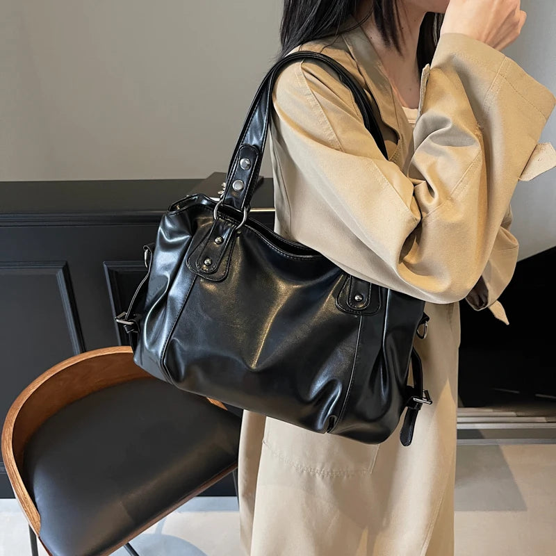 1 Piece Women's Pure Color Pu Retro Large Capacity Shoulder Tote Bag - Tasawoq