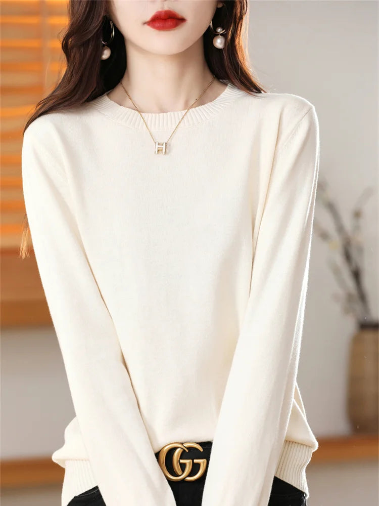 Women's 100% High-quality Cotton Knitted Sweater, Temperament Round Neck Top, Breathable And Versatile Pullover, Long Sleeved - Tasawoq