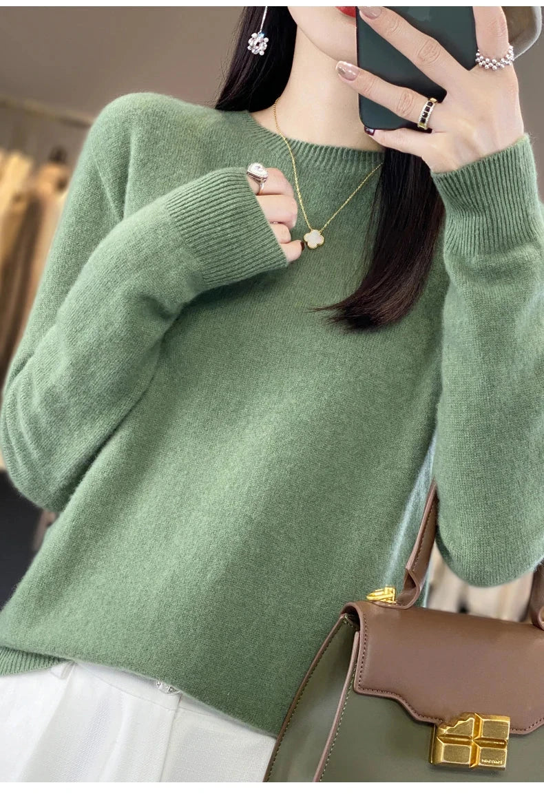 Women's 100% Beautiful Wool Round Neck Top Fashion Versatile Knitted Loose Long Sleeve Pullover Thin Sweater Yuan Ling - Tasawoq
