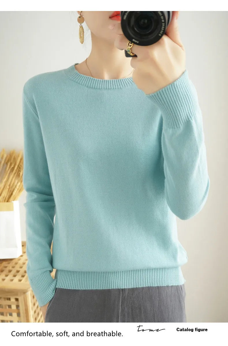 Women's 100% High-quality Cotton Knitted Sweater, Temperament Round Neck Top, Breathable And Versatile Pullover, Long Sleeved - Tasawoq