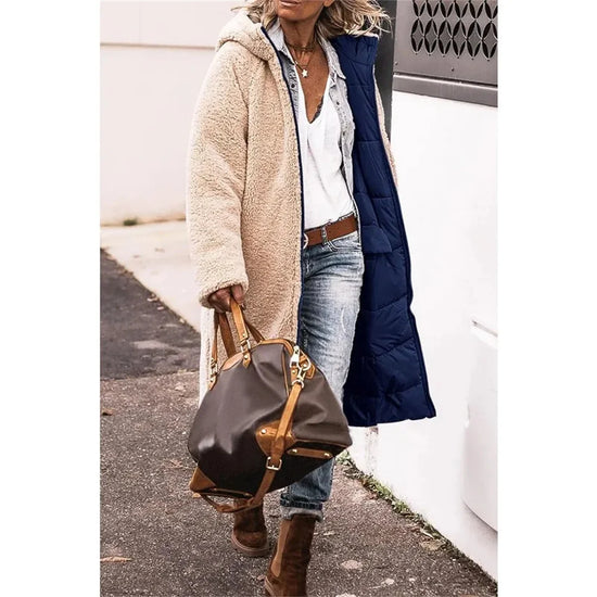 Winter Hooded Quilted Jacket For Women Solid Reversible Long Sleeve Thick Coat Warm Fashion Long Outerwear Casual Puffer Coats - Tasawoq
