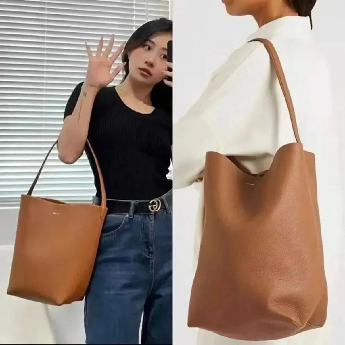 Large Capacity Women Bag Lazy Tote Leather Single Shoulder Bag Genuine Leather Handbag Casual Daypack Waist Pack Bucket Handbag - Tasawoq