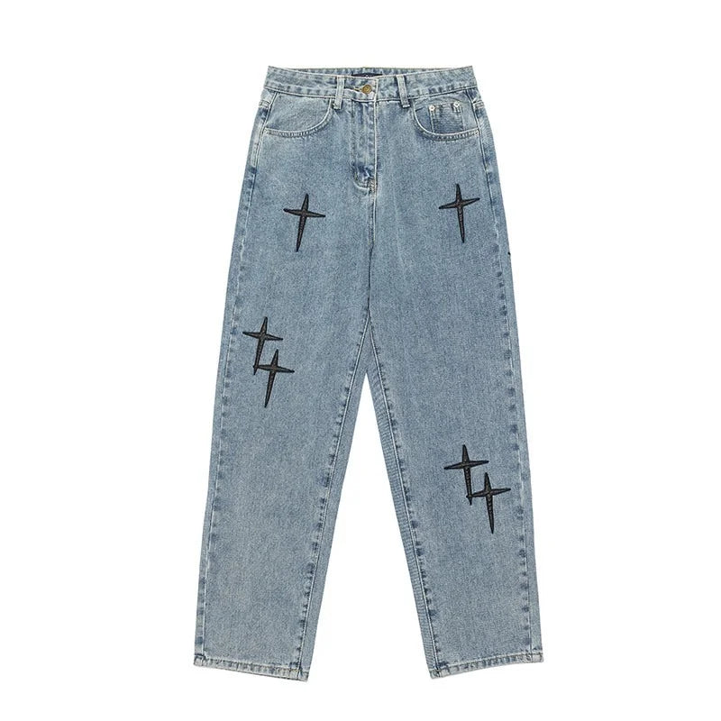 Prints Jeans Men 2023 New Streetwear Baggy Wide Leg Jeans Korean Fashion Drapes Straight Casual Loose Denim Cargo Pants - Tasawoq