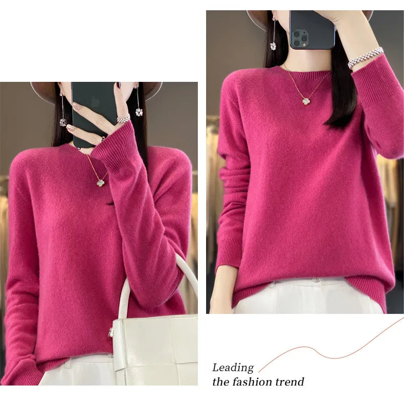 Women's 100% Beautiful Wool Round Neck Top Fashion Versatile Knitted Loose Long Sleeve Pullover Thin Sweater Yuan Ling - Tasawoq