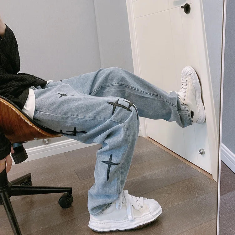 Prints Jeans Men 2023 New Streetwear Baggy Wide Leg Jeans Korean Fashion Drapes Straight Casual Loose Denim Cargo Pants - Tasawoq