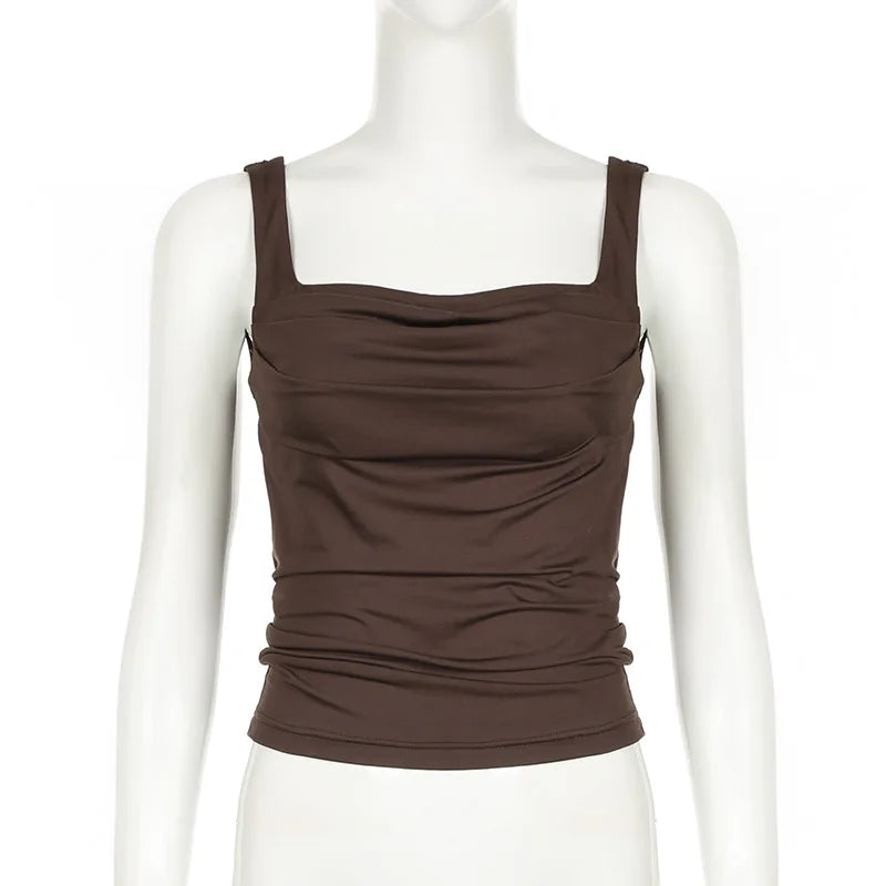 New Women Tank Tops Summer Solid Sexy Backless Streetwear Casual Slim Sleeveless Camisole Fashion Folds Tank Tops Lady Clothing - Tasawoq