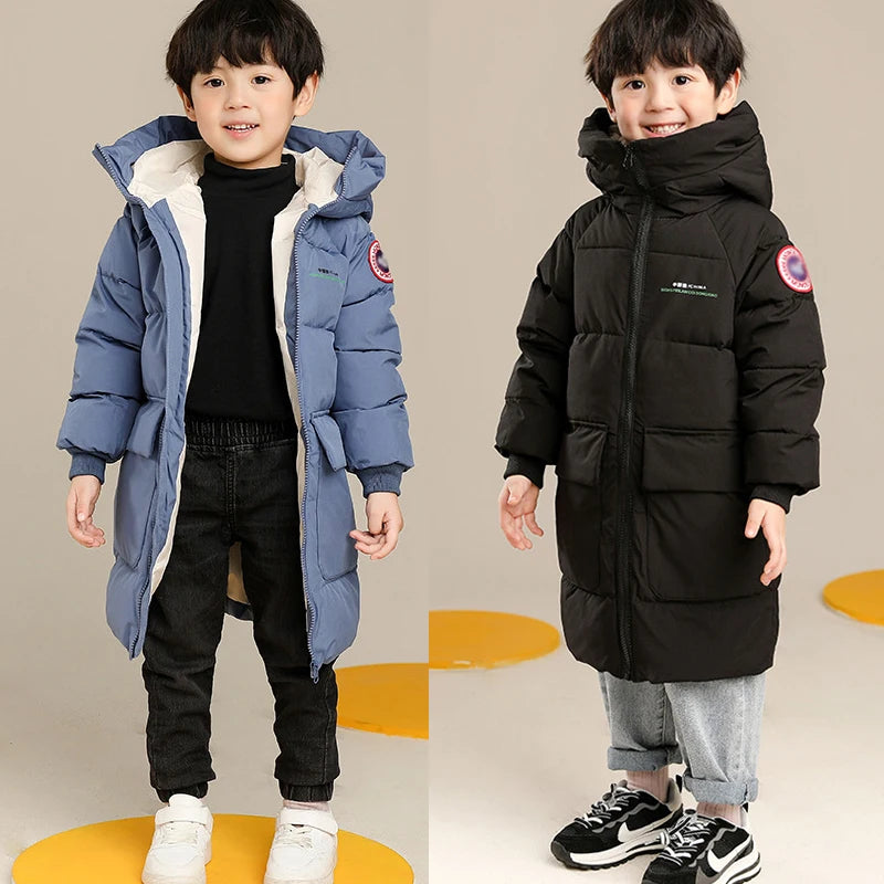2-10 Years Autumn Winter Boys Jacket Solid Color Long Style Keep Warm Hooded Coat For Kids Children Birthday Present - Tasawoq
