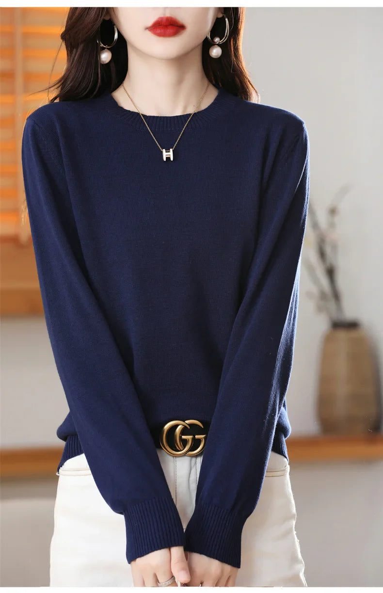 Women's 100% High-quality Cotton Knitted Sweater, Temperament Round Neck Top, Breathable And Versatile Pullover, Long Sleeved - Tasawoq