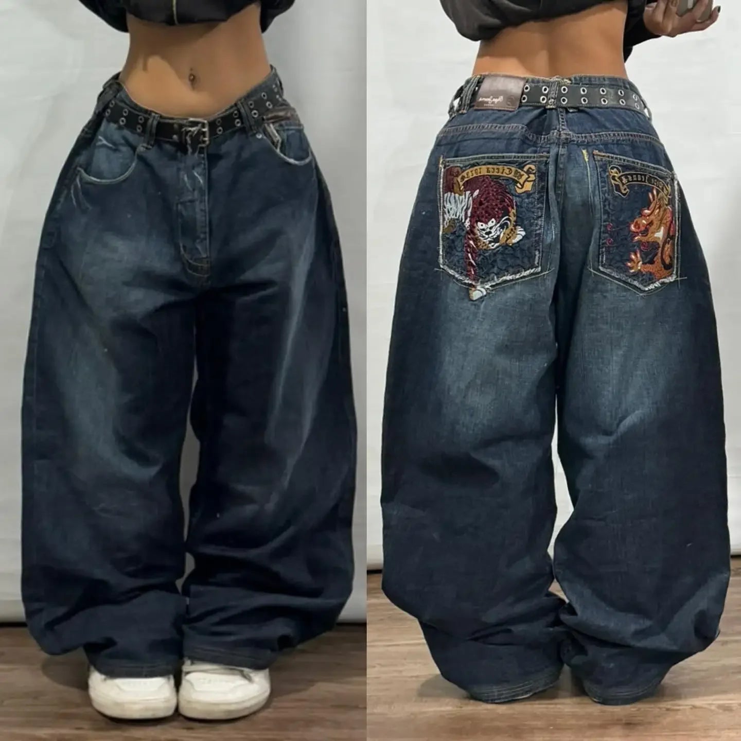 2024 New American Trend Retro Hip-hop Embroidery Pattern Baggy Jeans For Men And Women Y2K Harajuku Gothic Wide Pants Streetwear - Tasawoq