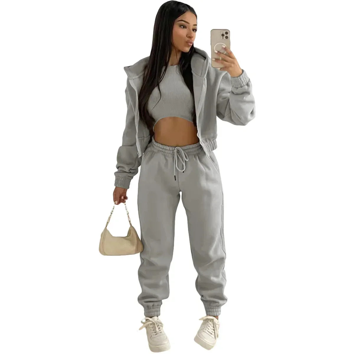 3pcs Women's Clothing Set Fleece-lined Hooded Sweater &Sleeveless Tank Top & Sports Sweatpants Pants - Tasawoq