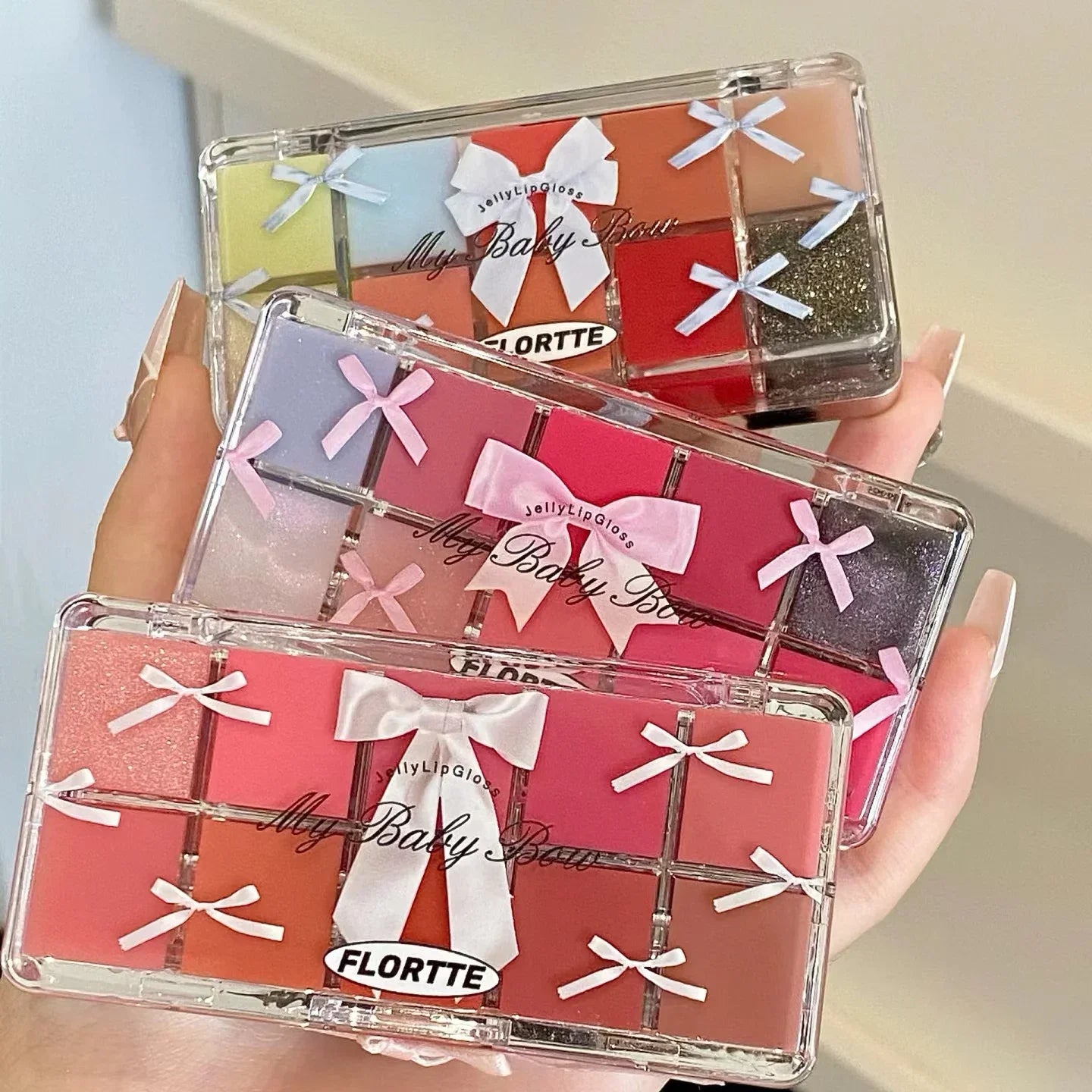 FLORTTE & My Baby Bow 10-color jell ylip gloss palette lipstick lip glaze - Tasawoq