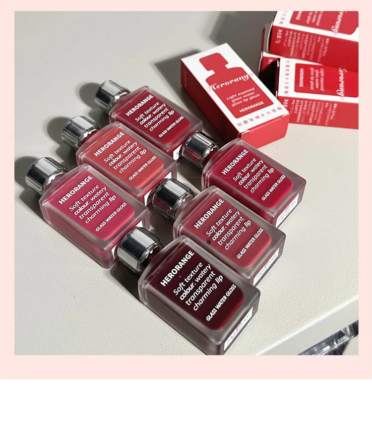 Lightly Glass Water Gloss Herorange Lip Glaze Mirror Moisturizing Plump Lips Not Easy To Stick To The Cup Long-Lasting Makeup - Tasawoq