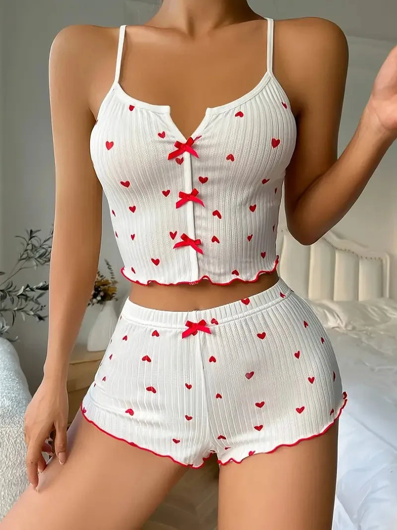 Sleepwear Women Pajamas Set Heart Print Soft Ribbed Fabric with Flirty Frill Trim Casual Cami Top and Shorts Sets Loungewear - Tasawoq