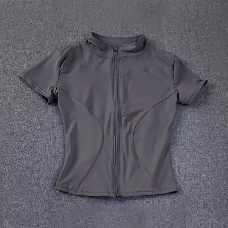 Summer High Quality Waist Slimming Training Tops Women's Quick-drying Tight Stand Collar Full Zipper Short Sleeves Yoga shirts - Tasawoq