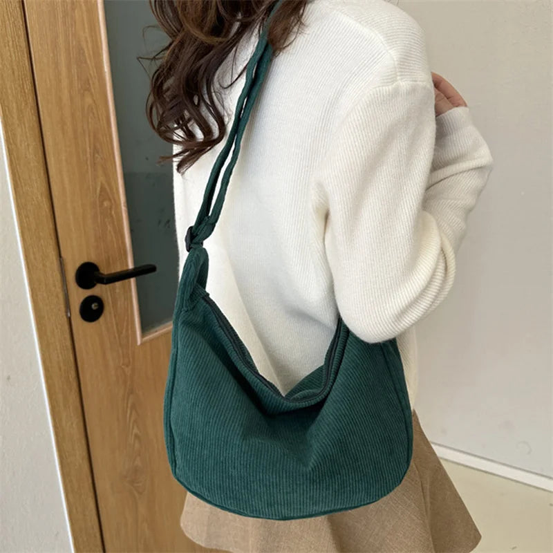 Corduroy Shoulder Bag Minimalist Crossbody Bag Women's Handbags Fashion Fabric Underarm Bag Solid Color Zipper Female Handbag - Tasawoq