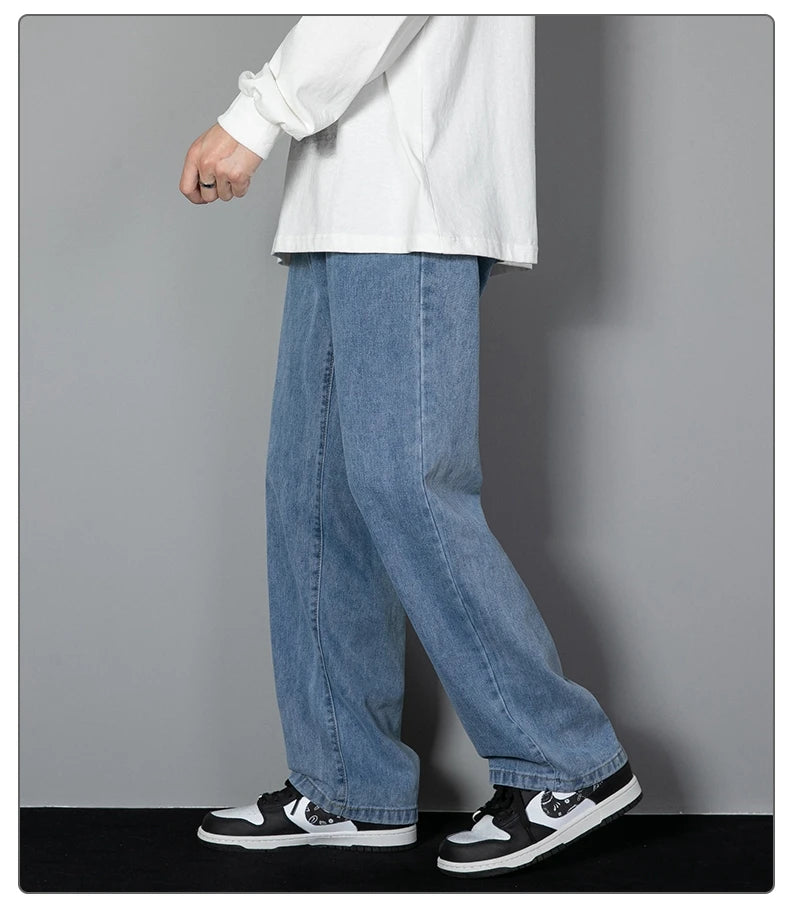 2025 New Korean Men's Casual Long Jeans Classic Man Straight Denim Wide-leg Pants Solid Color Light Blue Grey Black - Tasawoq