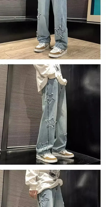 Stars Patchwork Men Jeans New Fashion Y2K Tassel Pants Korea Clothes Straight Hip Hop Splicing Trousers Male Streetwear - Tasawoq