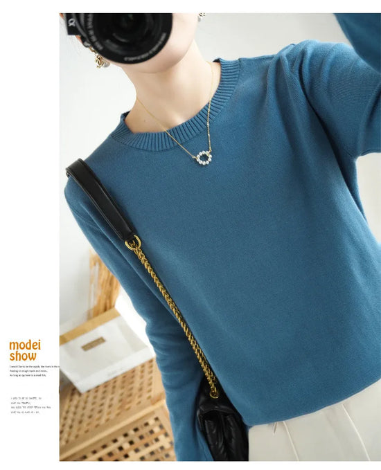 Women's 100% High-quality Cotton Knitted Sweater, Temperament Round Neck Top, Breathable And Versatile Pullover, Long Sleeved - Tasawoq