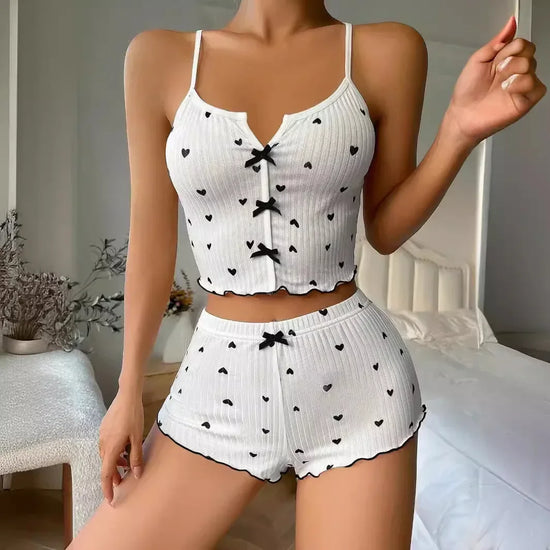 Sleepwear Women Pajamas Set Heart Print Soft Ribbed Fabric with Flirty Frill Trim Casual Cami Top and Shorts Sets Loungewear - Tasawoq