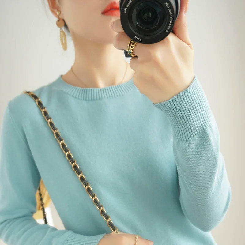 Women's 100% High-quality Cotton Knitted Sweater, Temperament Round Neck Top, Breathable And Versatile Pullover, Long Sleeved - Tasawoq