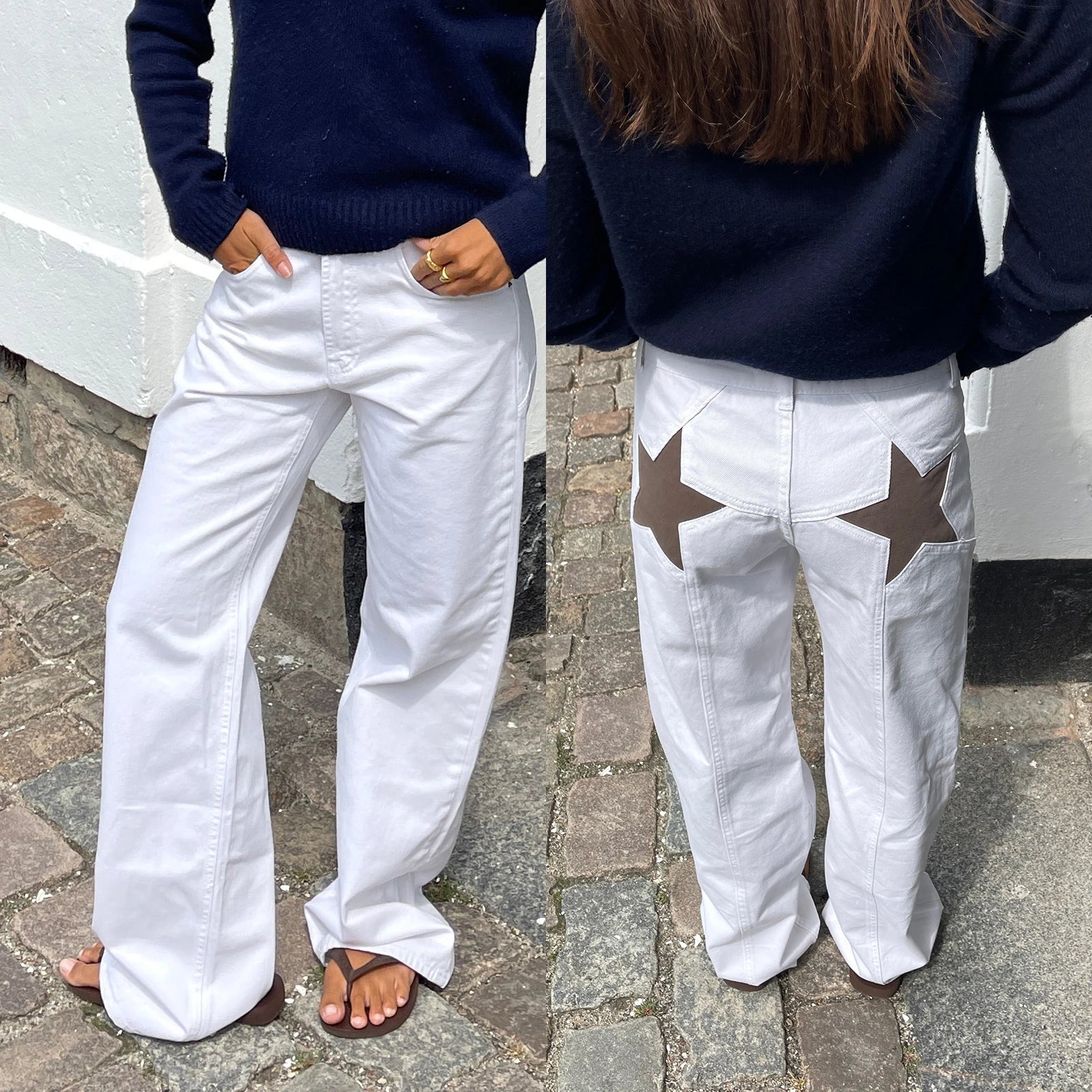 Combhasaki Women's Y2K Vintage Jeans Aesthetic Star Pattern Print Loose Straight Leg Denim Long Pants Casual Low Waist Trousers - Tasawoq