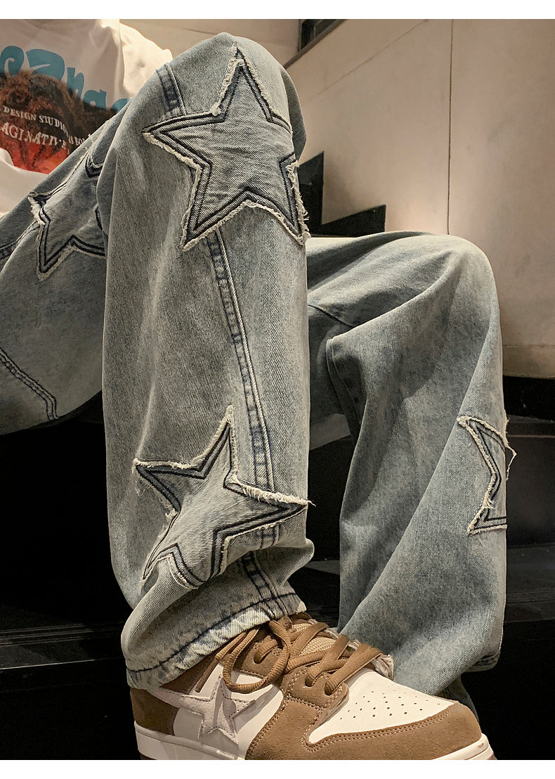 Star Embroidery Straight Casual Men Jeans Gothic Neutral New Wide Leg Loose Hip-hop Fashion Youth Streetwear Denim Trousers Y2K - Tasawoq