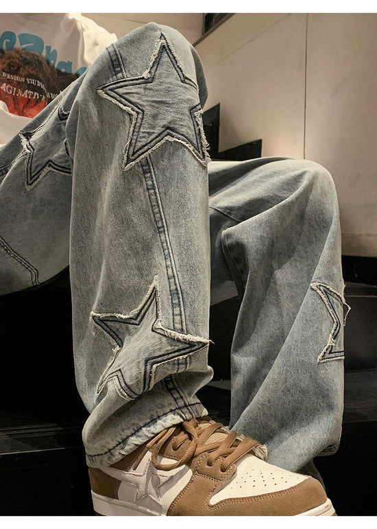 Star Embroidery Straight Casual Men Jeans Gothic Neutral New Wide Leg Loose Hip-hop Fashion Youth Streetwear Denim Trousers Y2K - Tasawoq