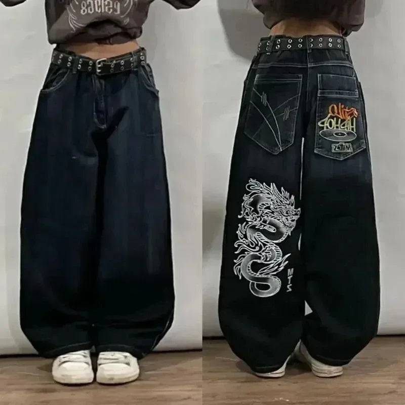 2024 New American Trend Retro Hip-hop Embroidery Pattern Baggy Jeans For Men And Women Y2K Harajuku Gothic Wide Pants Streetwear - Tasawoq