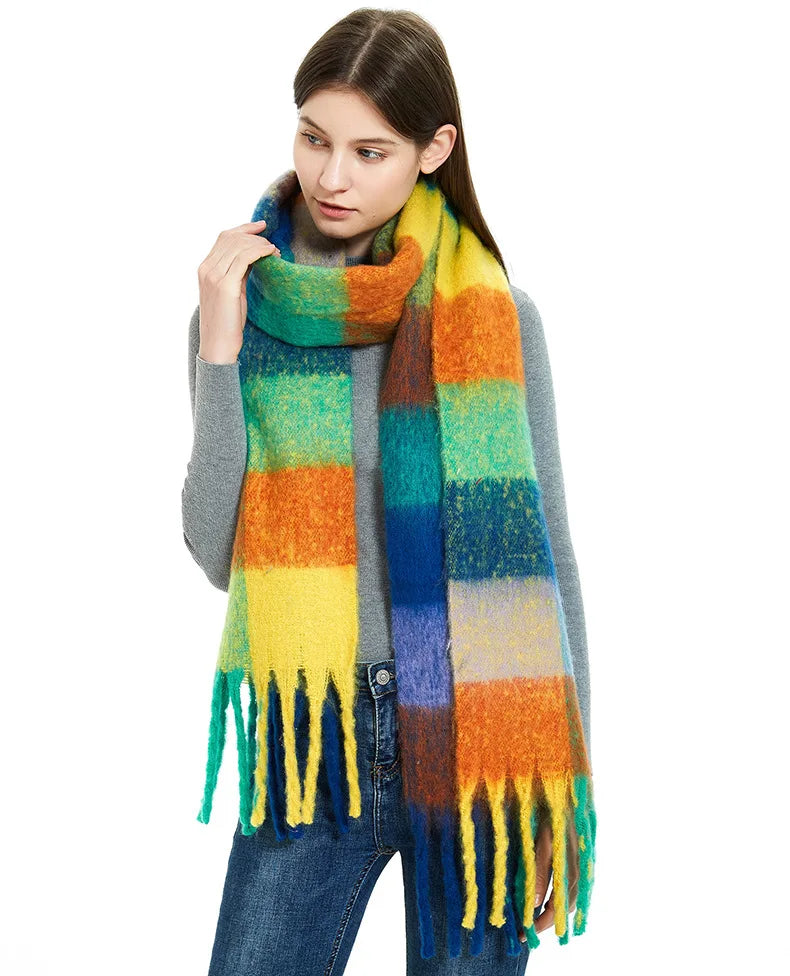 2025 Winter Thick Warm Scarf Women Cashmere Shawl and Wraps Pashmina Neckerchief Bufanda Female Rainbow Hairy Tessel Echarpe New - Tasawoq