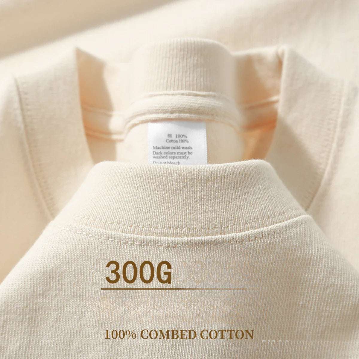 Beige 300g Heavyweight Cotton Short Sleeved T-shirt Summer Round Neck Loose and Base Shirt for Men Women Basic Tee - Tasawoq