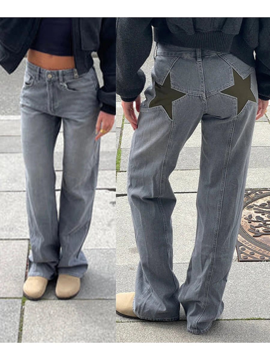 Combhasaki Women's Y2K Vintage Jeans Aesthetic Star Pattern Print Loose Straight Leg Denim Long Pants Casual Low Waist Trousers - Tasawoq
