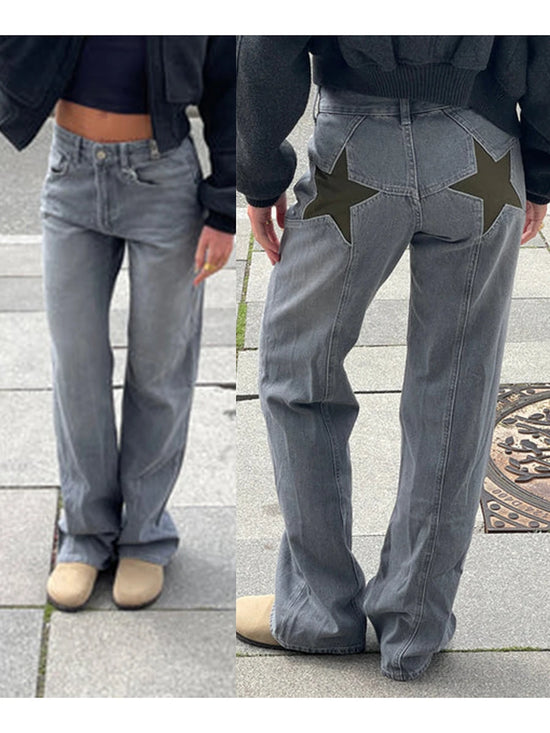 Combhasaki Women's Y2K Vintage Jeans Aesthetic Star Pattern Print Loose Straight Leg Denim Long Pants Casual Low Waist Trousers - Tasawoq
