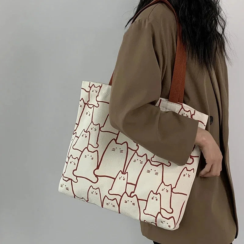 Cute Cat Shopper Handbags Shoulder Fashion Canvas Casual Shopping Girls Women Graphic Tote BagJapanese Cartoon Small Shoulder - Tasawoq