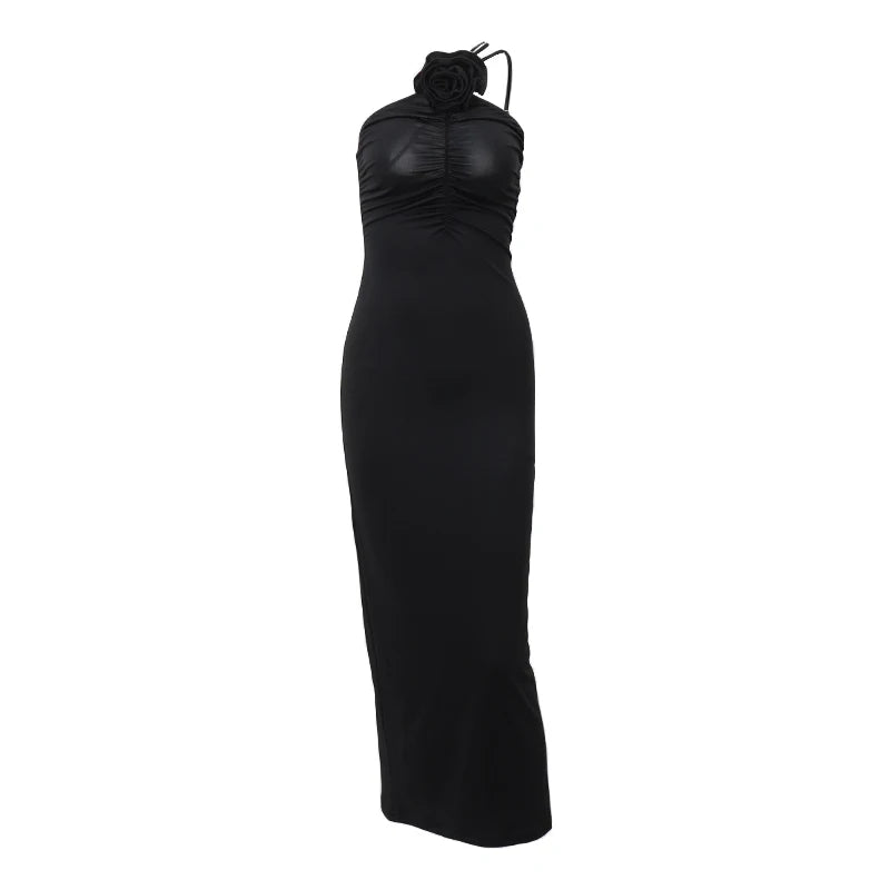WhereMery Elegant Women Solid Sleeveless Slim Dress Aesthetic Oblique Strap Backless Prom Dresses Fashion Evening Party Clothing - Tasawoq