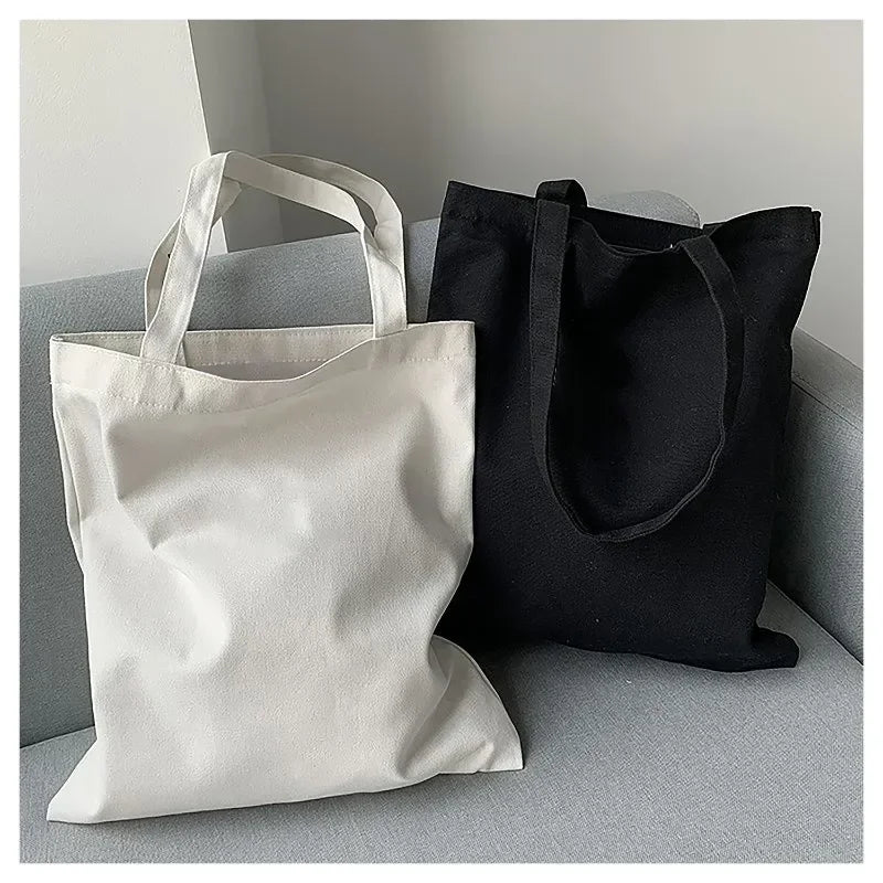 Large Capacity Black White Canvas Shoulder Tote Bag Folding Eco Cotton Handbag Reusable DIY Shoulder Bag Shopping Bag - Tasawoq