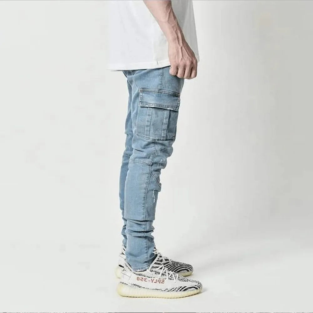 Street Elastic Jeans Men Denim Cargo Pants Wash Solid Color Multi Pockets Casual Mid Waist Trousers Slim Fit Daily Wear Joggers - Tasawoq
