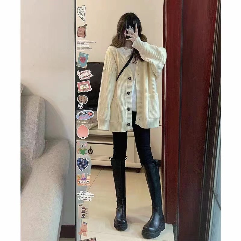Autumn Winter Women Cardigan Sweater Coats Fashion Female Long Sleeve V-neck Loose Knitted Jackets Casual Sweater Cardigans - Tasawoq