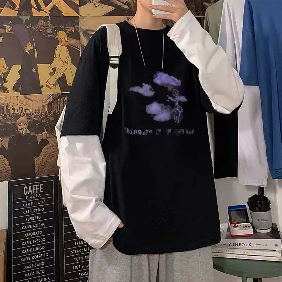 Men T Shirts autumn men Clothes anime casual Long Sleeved Oversized Y2K T-Shirt Harajuku Streetwear Academia Hip Hop tee tops - Tasawoq