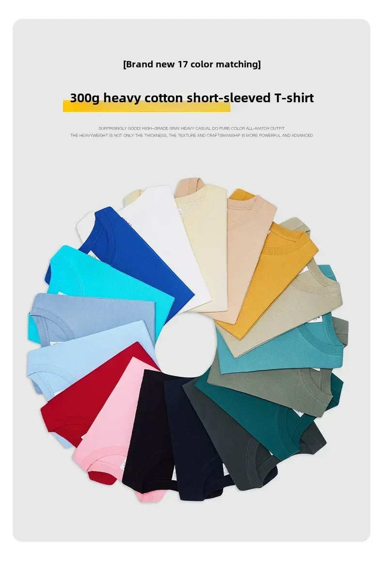 Summer Cotton Heavy Duty 300grams American Pure Cotton Short Sleeves T-shirt Men Casual Base Top Oversized T Shirt - Tasawoq