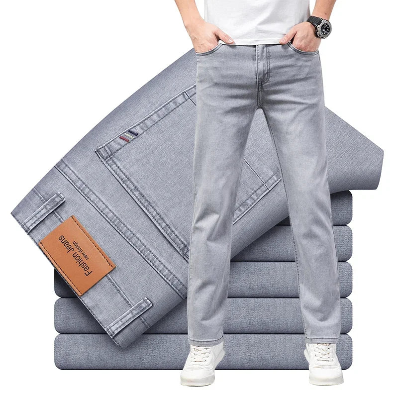 Summer Thin Men's Elastic Cotton Jeans Fashion Gray Comfortable Business Straight Casual Pants Brand Male Clothes Trousers - Tasawoq