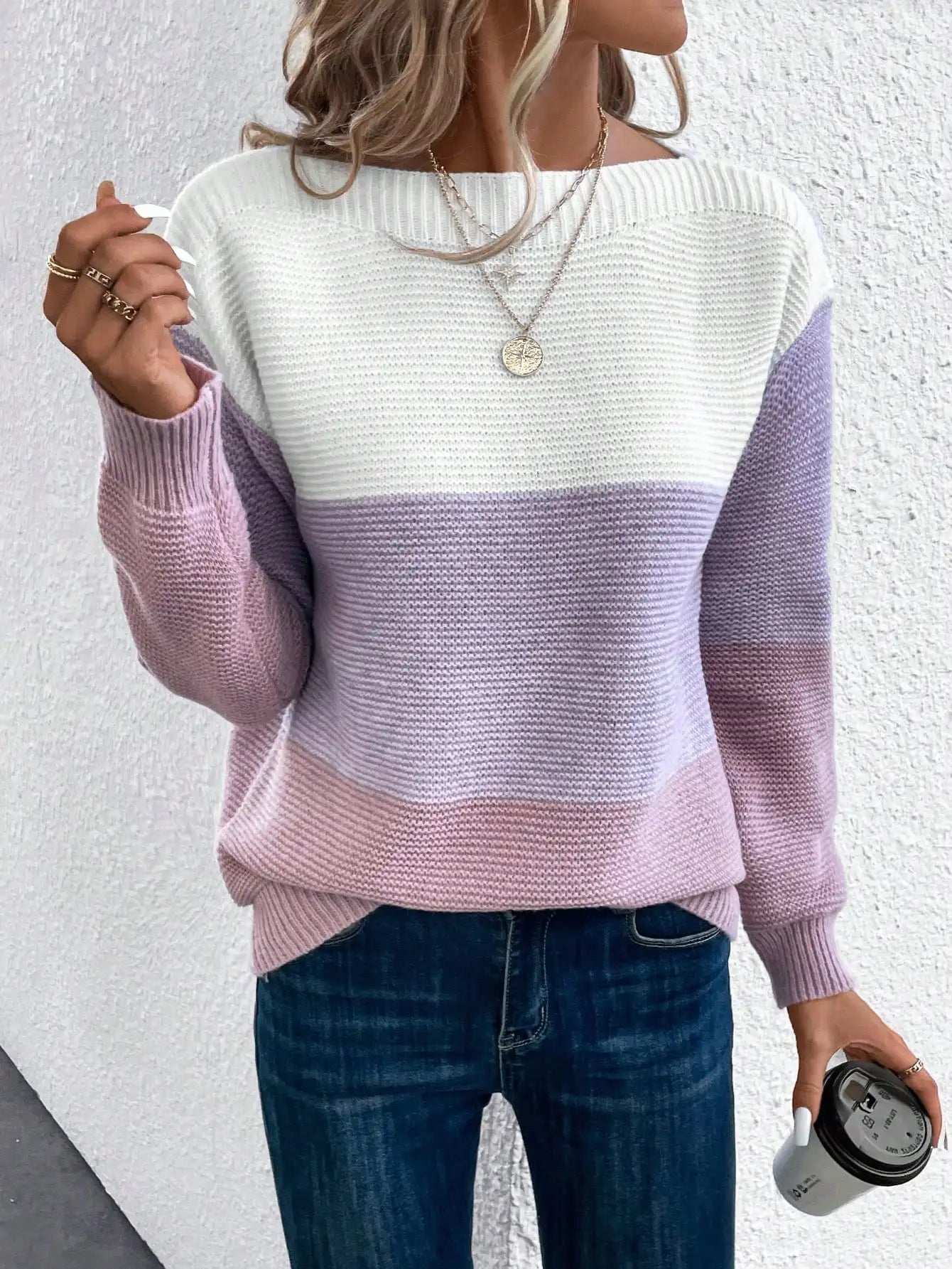 Elegant Three-color Patchwork Sweater Women Daily Commuter Casual Loose Jumpers Female Autumn Winter Knitted Thickened Warm Tops - Tasawoq