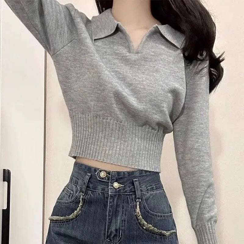 Xpqbb Korean Chic Turndown Collar Sweaters Female Gray Slim Fit Long Sleeve Cropped Sweater for Woman Streetwear Knit Pullovers - Tasawoq