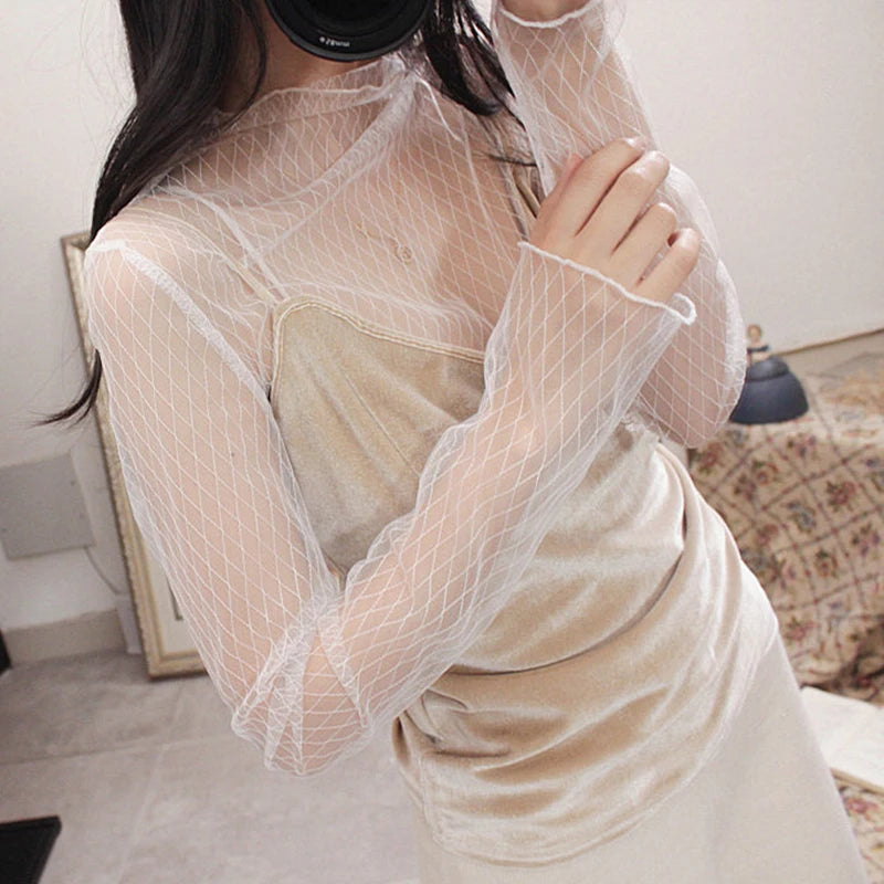 Sexy Women Mesh T-Shirts See-Through Perspective Tshirt Sunscreen Tops Long Sleeve Bottoming Shirts Club Party Black Tee Shirts - Tasawoq