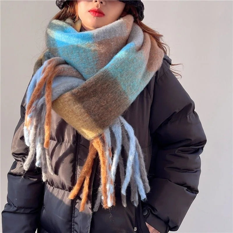 2025 Winter Thick Warm Scarf Women Cashmere Shawl and Wraps Pashmina Neckerchief Bufanda Female Rainbow Hairy Tessel Echarpe New - Tasawoq