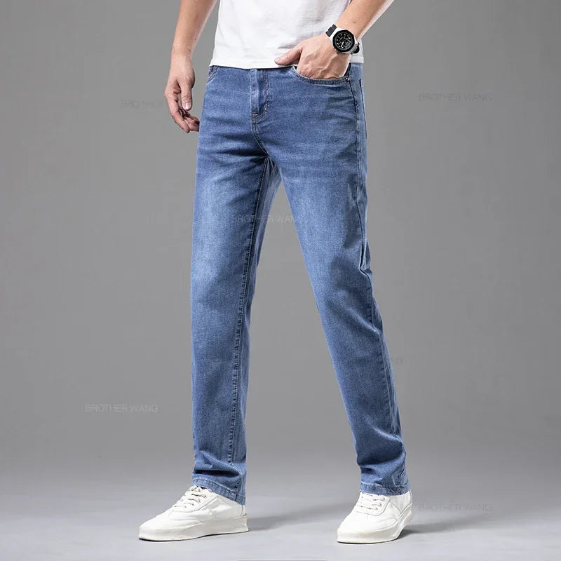 Summer Thin Men's Elastic Cotton Jeans Fashion Gray Comfortable Business Straight Casual Pants Brand Male Clothes Trousers - Tasawoq